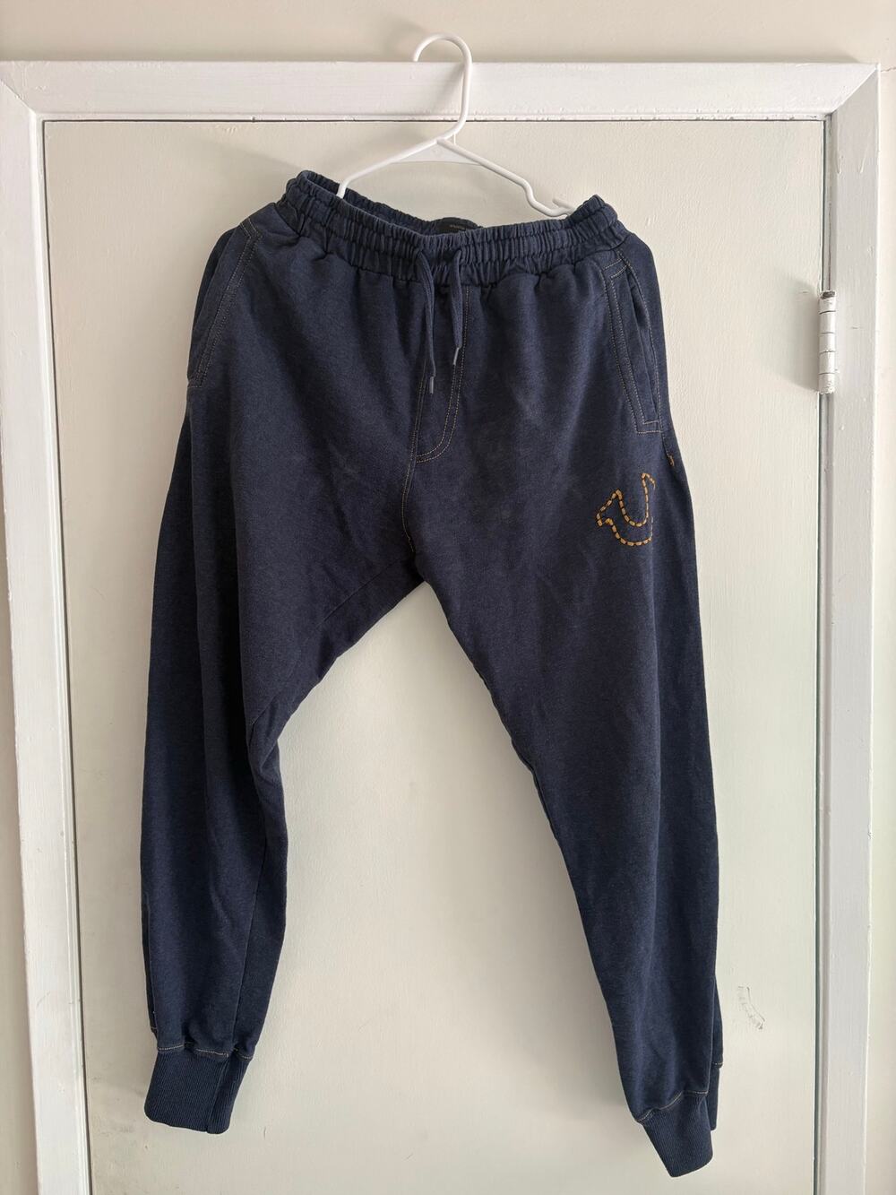 True Religion Lounge Wear Jogger Sweatpants Small Navy Blue Gold Horseshoe Y2K